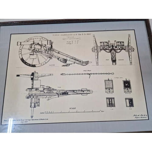 137 - 2 x Framed Prints of Field Carriage Gun Drawings, (2)