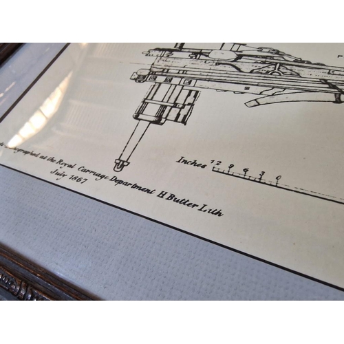 137 - 2 x Framed Prints of Field Carriage Gun Drawings, (2)