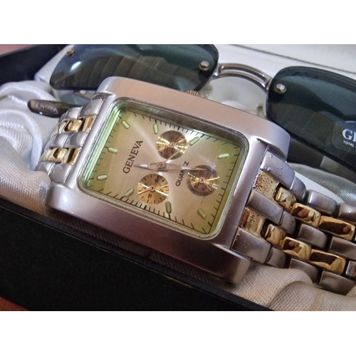28A - 'Geneva' Box Set of Wrist Watch and Sun Glasses, Together with Other 'CM' Wrist Watch, Both Running ... 