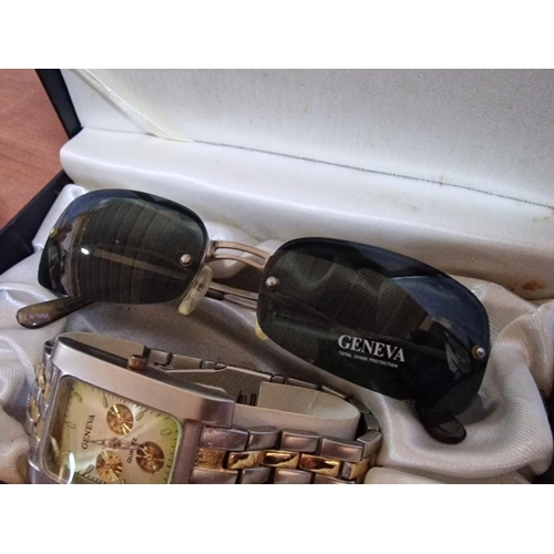 28A - 'Geneva' Box Set of Wrist Watch and Sun Glasses, Together with Other 'CM' Wrist Watch, Both Running ... 