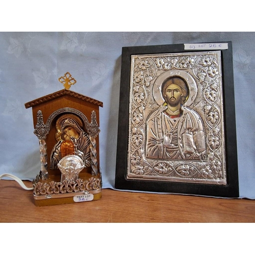 28C - Decorative Copy of Byzantine Icon in Embossed White Metal, Together with Other Icon Lamp, (2)