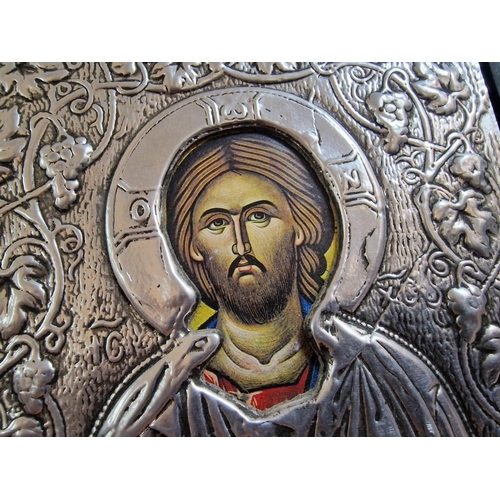 28C - Decorative Copy of Byzantine Icon in Embossed White Metal, Together with Other Icon Lamp, (2)
