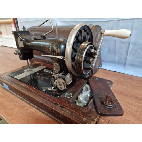 79 - Vintage Cast Iron Manual Sewing Machine in Wooden Case, (a/f)