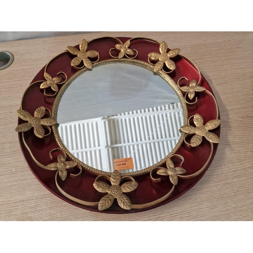 614 - Decorative Round Wall Mirror with Red Colour Plate Backing & Gilt Metal Floral Surround, (Approx. Ø:... 