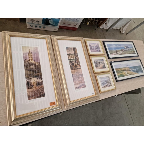 616 - Collection of Framed Signed Prints; 2 x William Dobbie Town & Country Scenes, 3 x R. W. Young, Beach... 