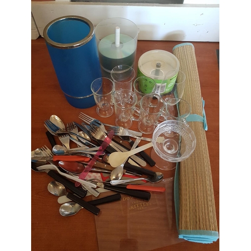 603 - Large Collection of Assorted Items; Cutlery, Wine Cooler, Beach Mat, Qty of Glasses and Others