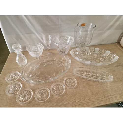 642 - Large Collection Crystal & Glass Tableware; Fruit Bowl, Coasters, Dishes, Serving Bowl, Vase, Decant... 