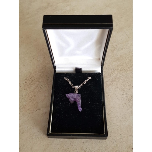 674 - .925 Silver Chain (L:38cm) with Purple Dolphin Natural Stone (Believed to Amethyst Pendant)