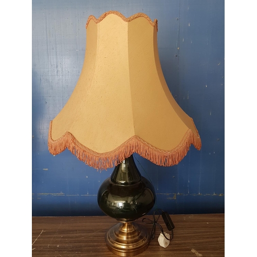 682 - Large Classic Table Lamp; Dark Green and Brass Effect Base with Retro Lampshade with Fringe (H:85cm)... 