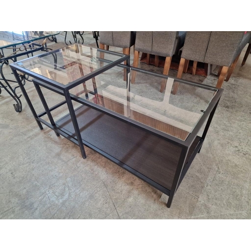 193p - Modern Black Metal and Glass Coffee Table Set; Rectangular 2-Tier One (90 x 45 x 45cm) and 'Over' Sq... 