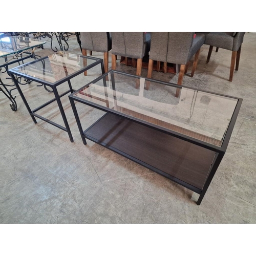 193p - Modern Black Metal and Glass Coffee Table Set; Rectangular 2-Tier One (90 x 45 x 45cm) and 'Over' Sq... 