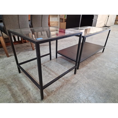 193p - Modern Black Metal and Glass Coffee Table Set; Rectangular 2-Tier One (90 x 45 x 45cm) and 'Over' Sq... 