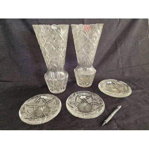 196 - Pair of Tall Decorative Crystal Vases, (Approx. H: 34cm), Together with 3 x Heavy Ashtrays / Dishes,... 