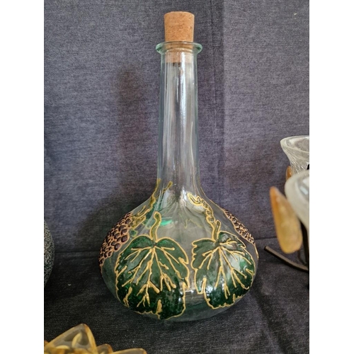 202 - Hand Painted Glass Decanter with Leaf Pattern, Tall Vase, Set of 6 x 'Sun' Shape Yellow Glass Plates... 