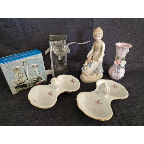 203 - Collection of Items; Porcelain Ornament of Girl with Wheel Barrow, Vase with Flowers, Pair of Czech ... 