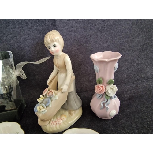 203 - Collection of Items; Porcelain Ornament of Girl with Wheel Barrow, Vase with Flowers, Pair of Czech ... 