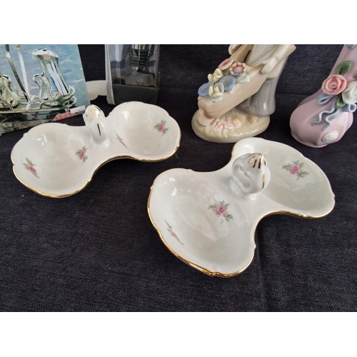 203 - Collection of Items; Porcelain Ornament of Girl with Wheel Barrow, Vase with Flowers, Pair of Czech ... 