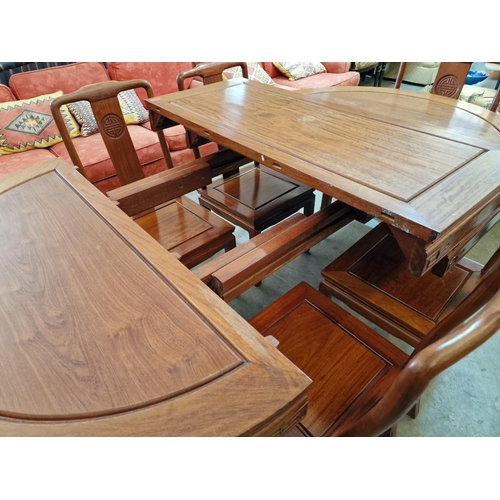 127 - Oriental Style Solid Wood (Rosewood?) Extendable Dining Table with Carved Surround, (Approx. 203 x 1... 