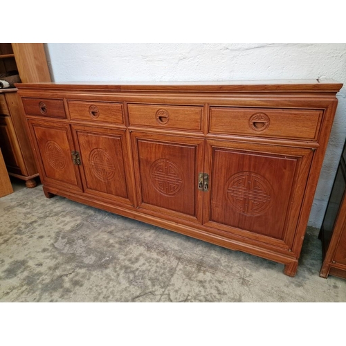 128 - Oriental Style Solid Wood (Rosewood?) Sideboard with 4-Drawers and 4-Cupboards with Carved Recessed ... 