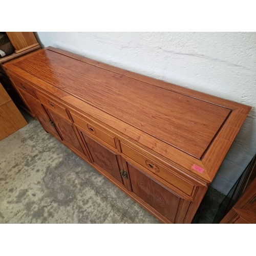 128 - Oriental Style Solid Wood (Rosewood?) Sideboard with 4-Drawers and 4-Cupboards with Carved Recessed ... 