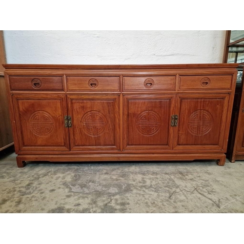 128 - Oriental Style Solid Wood (Rosewood?) Sideboard with 4-Drawers and 4-Cupboards with Carved Recessed ... 