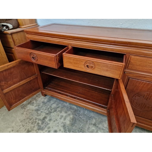 128 - Oriental Style Solid Wood (Rosewood?) Sideboard with 4-Drawers and 4-Cupboards with Carved Recessed ... 