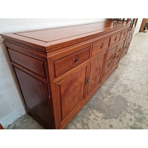 128 - Oriental Style Solid Wood (Rosewood?) Sideboard with 4-Drawers and 4-Cupboards with Carved Recessed ... 