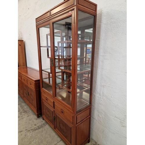 129 - Oriental Style Solid Wood (Rosewood?) Display Cabinet with 'Shodana' Style Multi-Level Glass Shelves... 