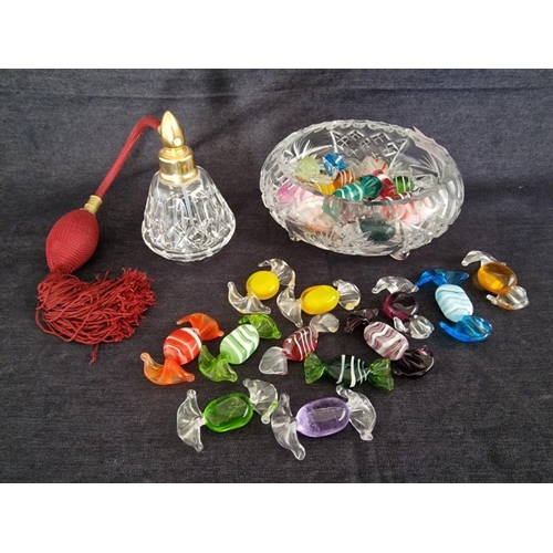 11 - Crystal Bon Bon Dish with Large Qty of Coloured Glass Sweets, Together with Crystal Perfume Atomiser