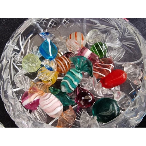 11 - Crystal Bon Bon Dish with Large Qty of Coloured Glass Sweets, Together with Crystal Perfume Atomiser