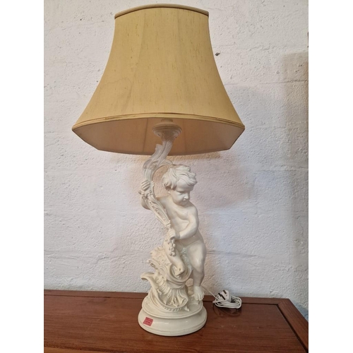 263 - Vintage Plaster Figure Lamp of Boy Holding Branch, Under Large Beige Fabric Shade, (Approx. H: 108cm... 