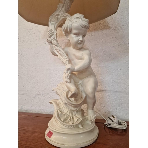 263 - Vintage Plaster Figure Lamp of Boy Holding Branch, Under Large Beige Fabric Shade, (Approx. H: 108cm... 