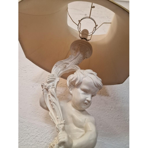 263 - Vintage Plaster Figure Lamp of Boy Holding Branch, Under Large Beige Fabric Shade, (Approx. H: 108cm... 