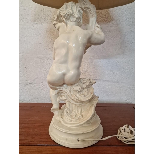 263 - Vintage Plaster Figure Lamp of Boy Holding Branch, Under Large Beige Fabric Shade, (Approx. H: 108cm... 