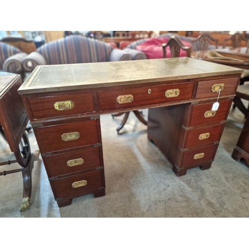 267 - Antique Mahogany Military Campaign Desk / Twin Pedestal 9-Drawer Knee-Hole Desk, with Green Leather ... 