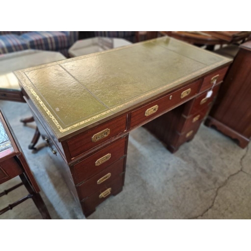 267 - Antique Mahogany Military Campaign Desk / Twin Pedestal 9-Drawer Knee-Hole Desk, with Green Leather ... 