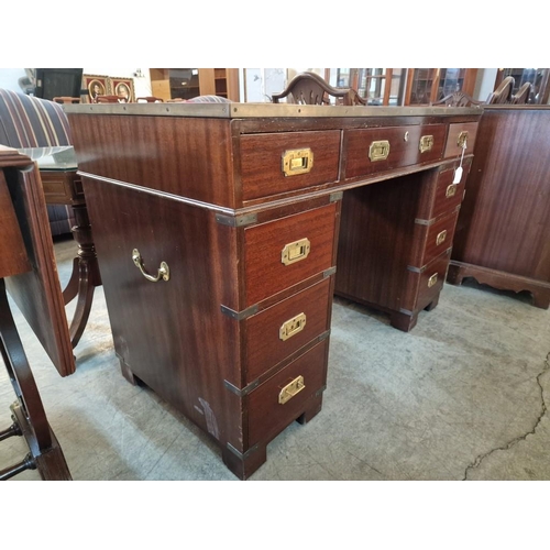 267 - Antique Mahogany Military Campaign Desk / Twin Pedestal 9-Drawer Knee-Hole Desk, with Green Leather ... 