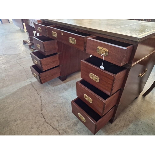 267 - Antique Mahogany Military Campaign Desk / Twin Pedestal 9-Drawer Knee-Hole Desk, with Green Leather ... 