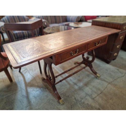 268 - Antique Sofa Table / Desk with Leather Top, Drop Leaf Ends, 2-Drawers, Harp Shape Legs and Turned Sp... 