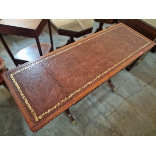 268 - Antique Sofa Table / Desk with Leather Top, Drop Leaf Ends, 2-Drawers, Harp Shape Legs and Turned Sp... 