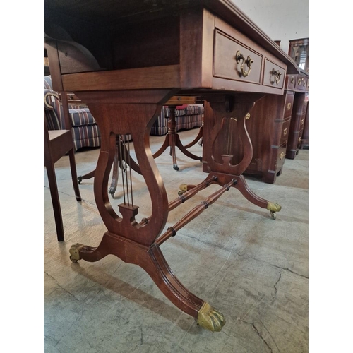 268 - Antique Sofa Table / Desk with Leather Top, Drop Leaf Ends, 2-Drawers, Harp Shape Legs and Turned Sp... 