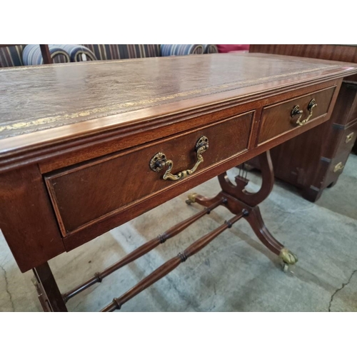 268 - Antique Sofa Table / Desk with Leather Top, Drop Leaf Ends, 2-Drawers, Harp Shape Legs and Turned Sp... 