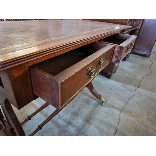 268 - Antique Sofa Table / Desk with Leather Top, Drop Leaf Ends, 2-Drawers, Harp Shape Legs and Turned Sp... 