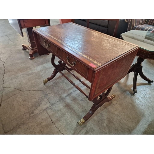 268 - Antique Sofa Table / Desk with Leather Top, Drop Leaf Ends, 2-Drawers, Harp Shape Legs and Turned Sp... 