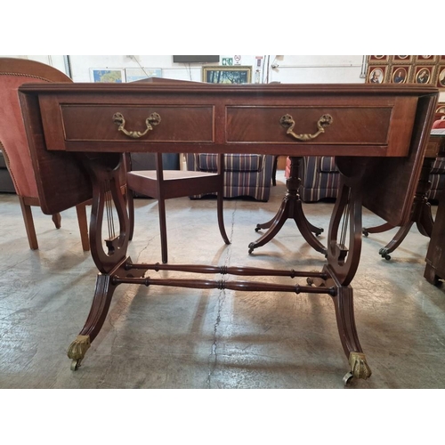 268 - Antique Sofa Table / Desk with Leather Top, Drop Leaf Ends, 2-Drawers, Harp Shape Legs and Turned Sp... 