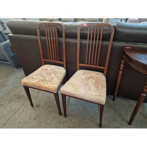 270 - Pair of Antique Edwardian Chairs with Inlaid Box Wood Back and Embroidered Padded Seat with Victoria... 