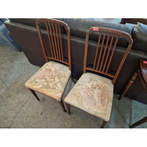 270 - Pair of Antique Edwardian Chairs with Inlaid Box Wood Back and Embroidered Padded Seat with Victoria... 