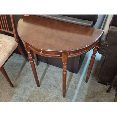 271 - Dark Wood Demi-Lune Console / Hall Table with Drawer Over Turned Legs, (Approx. 75 x 37 x 74cm)