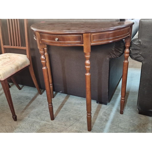 271 - Dark Wood Demi-Lune Console / Hall Table with Drawer Over Turned Legs, (Approx. 75 x 37 x 74cm)