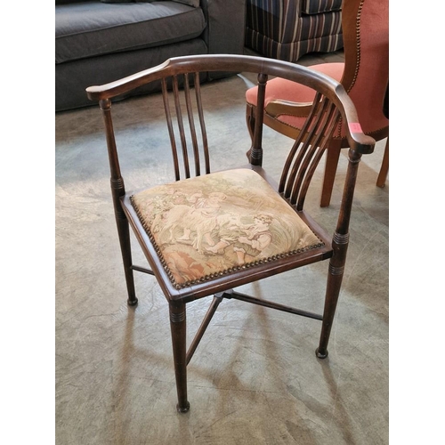 272 - Antique Wooden Corner Chair, Possibly Edwardian with Embroidered Padded Seat of Children & Goat, Ove... 